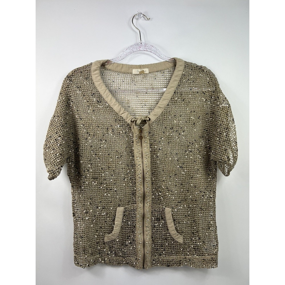 Onque‎ Cardigan Women's Size S Beige Fleck Sequin Full Zip Neck Drawstring Tie